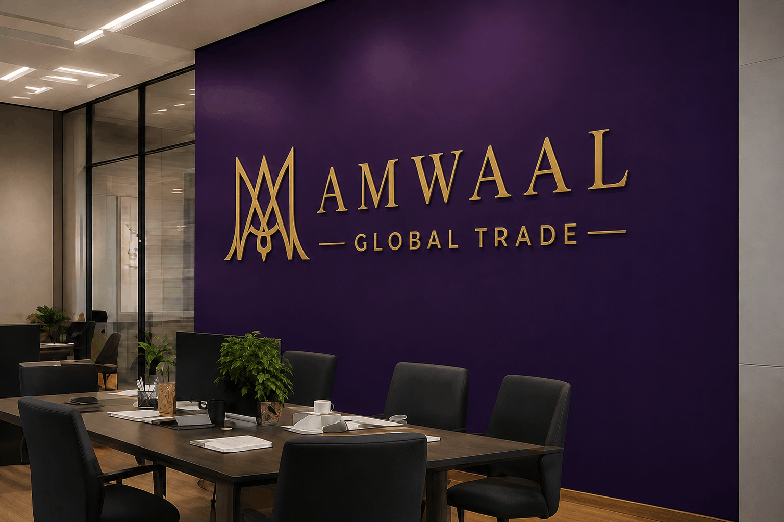 Amwaal International office reception with brand signage