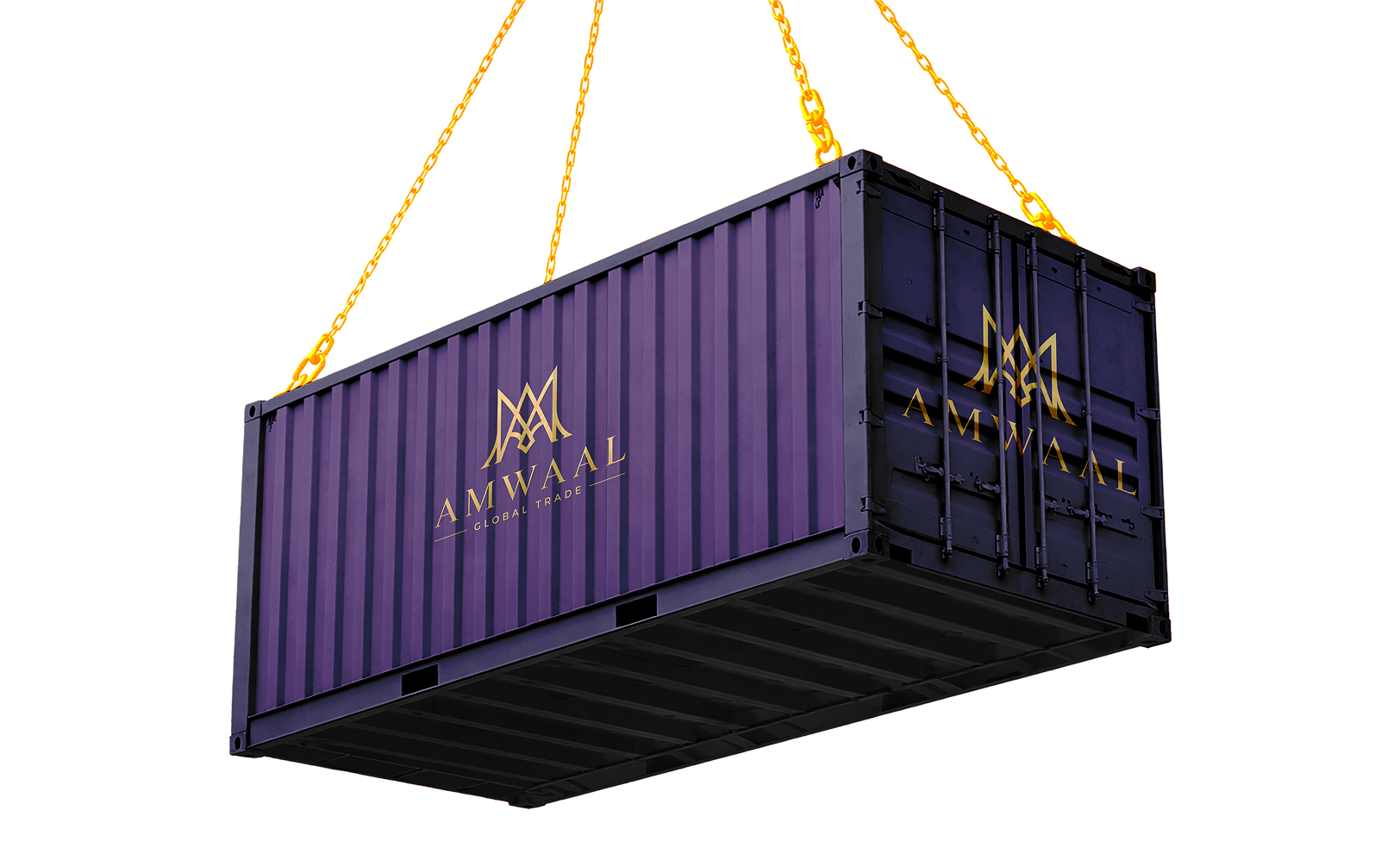 Amwaal branded shipping container suspended by cranes