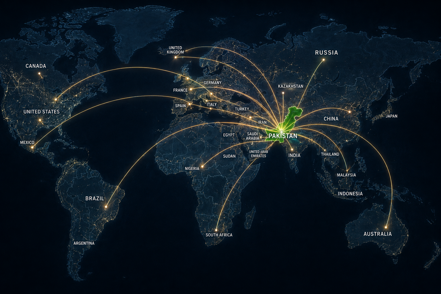 World map showing trade routes connecting Pakistan to global markets