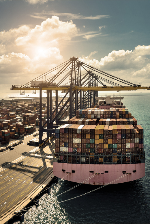 Container ship loaded with cargo at sea